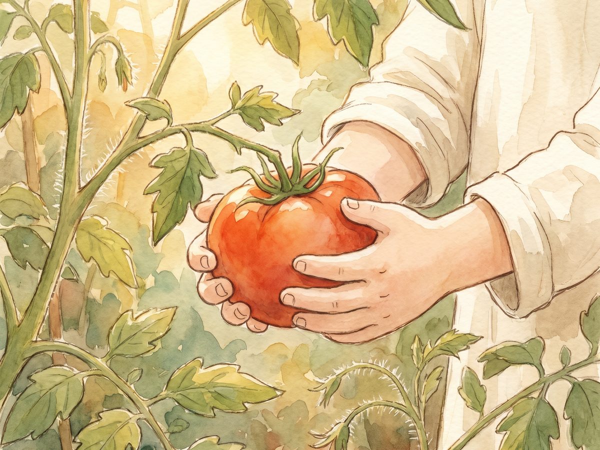 Watercolor of a child's hands holding a ripe tomato in a garden