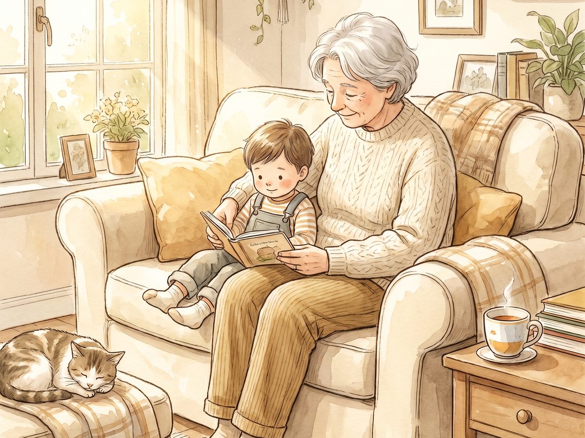 Watercolor of a grandparent and child sitting together on a cozy sofa in afternoon light